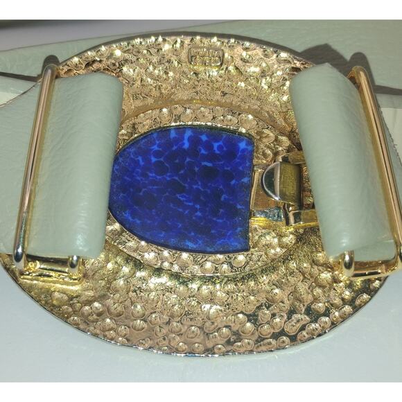 Mimi di N 1983 Signed Vintage Gray Leather Belt Blue Cabochon Gold Tone 32\
